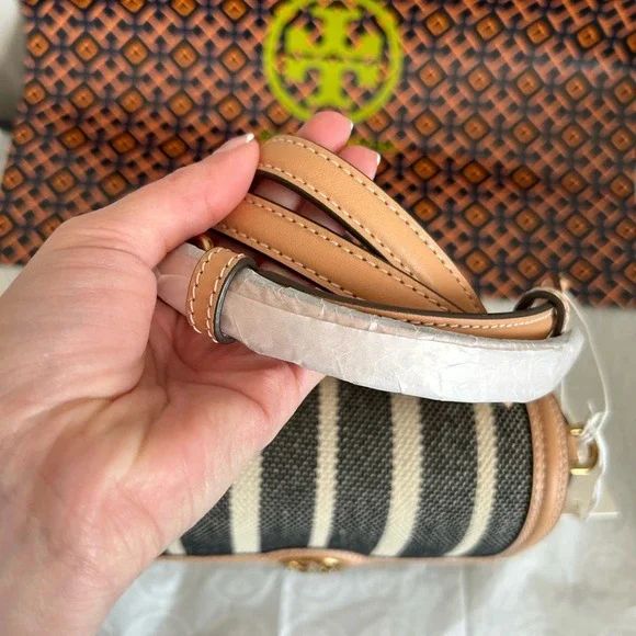 Tory Burch Felix Striped Canvas Mini Flap Shoulder Bag Crossbody Canvas Black - Picture 5 of 11